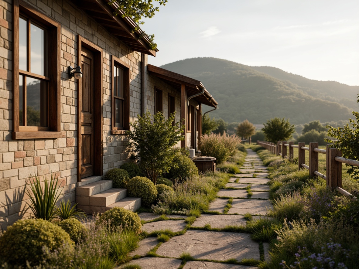 Prompt: Rustic rural landscape, rolling hills, wooden fences, wildflowers, traditional vernacular style buildings, natural stone walls, exposed brickwork, reclaimed wood accents, earthy color palette, organic textures, distressed finishes, ornate metal door hardware, vintage windows, soft warm lighting, shallow depth of field, 1/1 composition, realistic weathering effects, ambient occlusion.