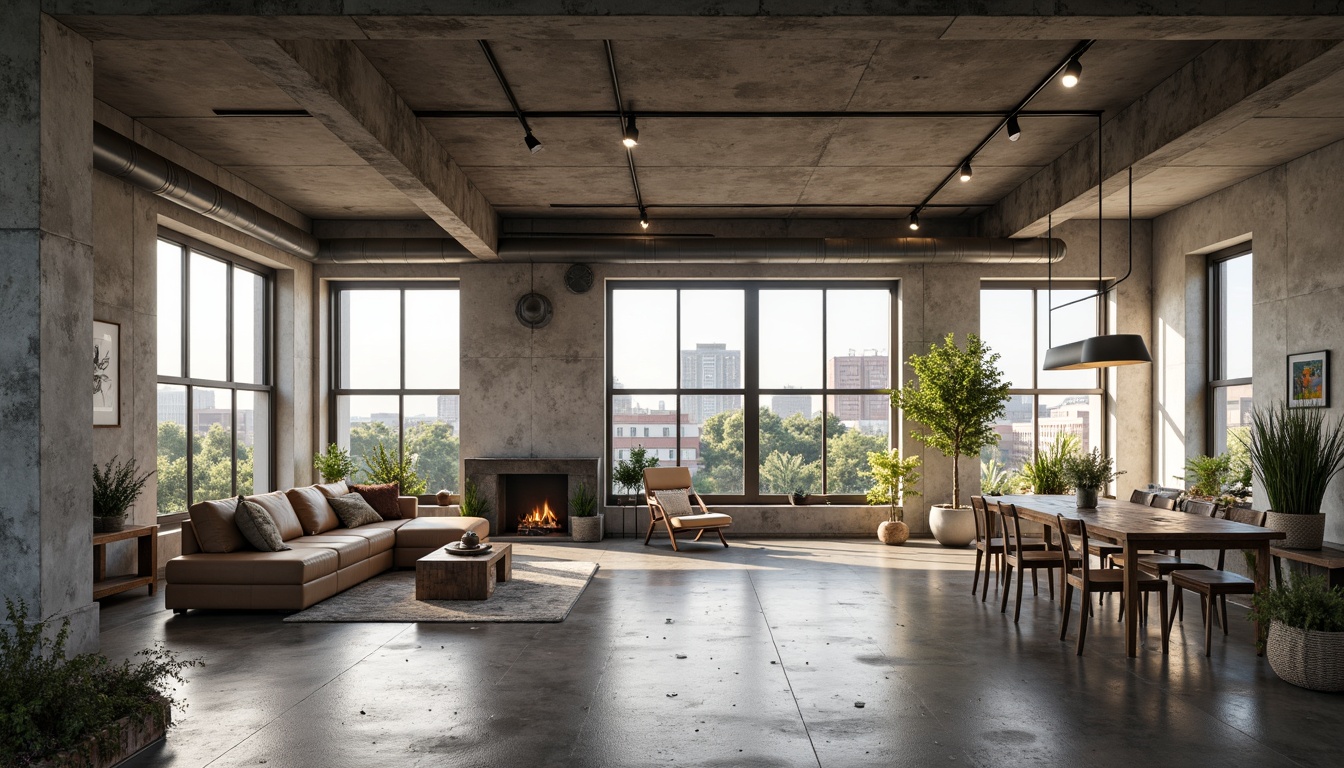 Prompt: Exposed concrete beams, industrial chic loft space, raw unfinished walls, polished concrete floors, metal framework structures, minimalist decor, functional pipes, urban cityscape views, natural light pouring in, soft warm ambiance, shallow depth of field, 3/4 composition, realistic textures, ambient occlusion, brutalist architectural style, open-plan living area, reclaimed wood accents, Edison bulb lighting, industrial-style furniture, distressed finishes, urban loft atmosphere.