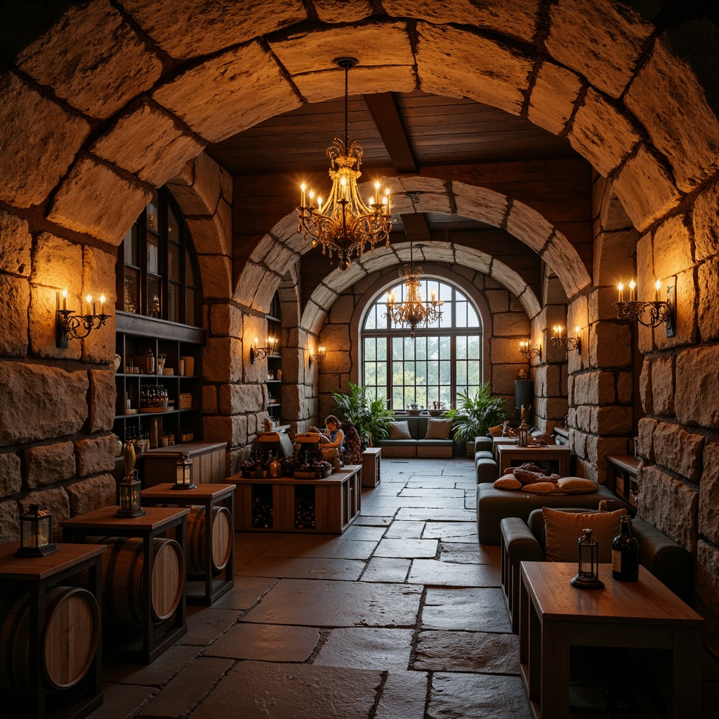 Prompt: Rustic wine cellar, stone walls, wooden barrels, dimly lit atmosphere, warm earthy tones, elegant chandeliers, soft candlelight, floor-to-ceiling windows, natural stone floors, rich wood accents, cozy nooks, intimate seating areas, vintage wine crates, rustic metal lanterns, ambient glow, dramatic shadowing, 1/2 composition, low-key lighting, realistic textures, subtle color grading.