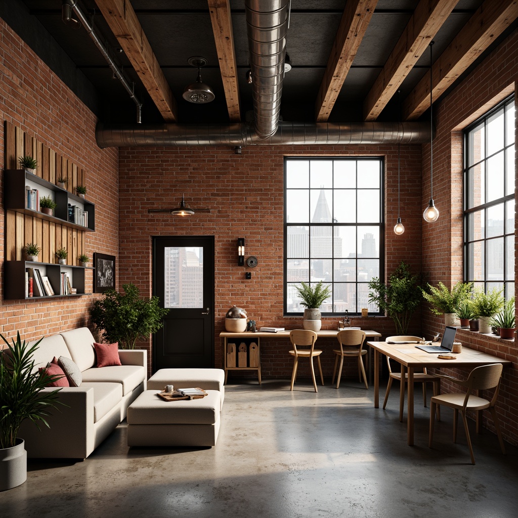 Prompt: Exposed brick walls, industrial metal beams, reclaimed wood accents, Edison bulb fixtures, metal shade pendants, warm white lighting, dimmable options, urban loft atmosphere, high ceilings, concrete floors, minimalist decor, functional workspaces, cozy reading nooks, modern industrial chic, softbox lighting, 3/4 composition, shallow depth of field, realistic textures.