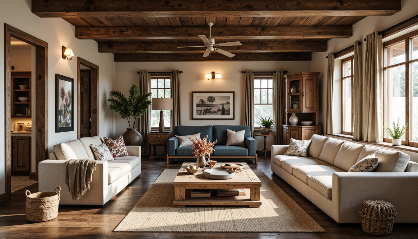 Prompt: Rustic farmhouse, vintage decor, eclectic style, plush throw pillows, floral patterns, distressed wood furniture, natural fiber textiles, woven baskets, earthy tones, soft warm lighting, cozy atmosphere, open-plan living space, wooden beams, brick walls, modern rustic chandeliers, faded denim upholstery, burlap drapes, linen fabrics, jute rugs, reclaimed wood accents, organic shapes, free-spirited composition, natural materials, effortless elegance.