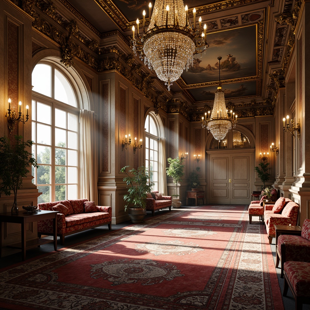 Prompt: Ornate Baroque palace, grandiose chandeliers, crystal glass accents, intricate stone carvings, golden ornamental details, lavish furnishings, velvet drapes, richly patterned rugs, fresco ceilings, dramatic lighting effects, soft warm glow, 1/1 composition, intimate close-up shots, realistic reflections, ambient occlusion.