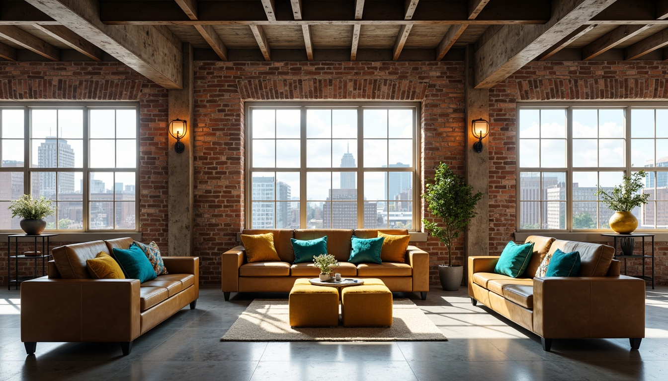 Prompt: Industrial chic loft, exposed brick walls, concrete floors, metal beams, reclaimed wood accents, vibrant turquoise throw pillows, bold yellow ottomans, distressed leather sofas, industrial-style lighting fixtures, minimalist decor, urban landscape views, soft natural light, 1/1 composition, warm color grading, realistic textures, ambient occlusion.