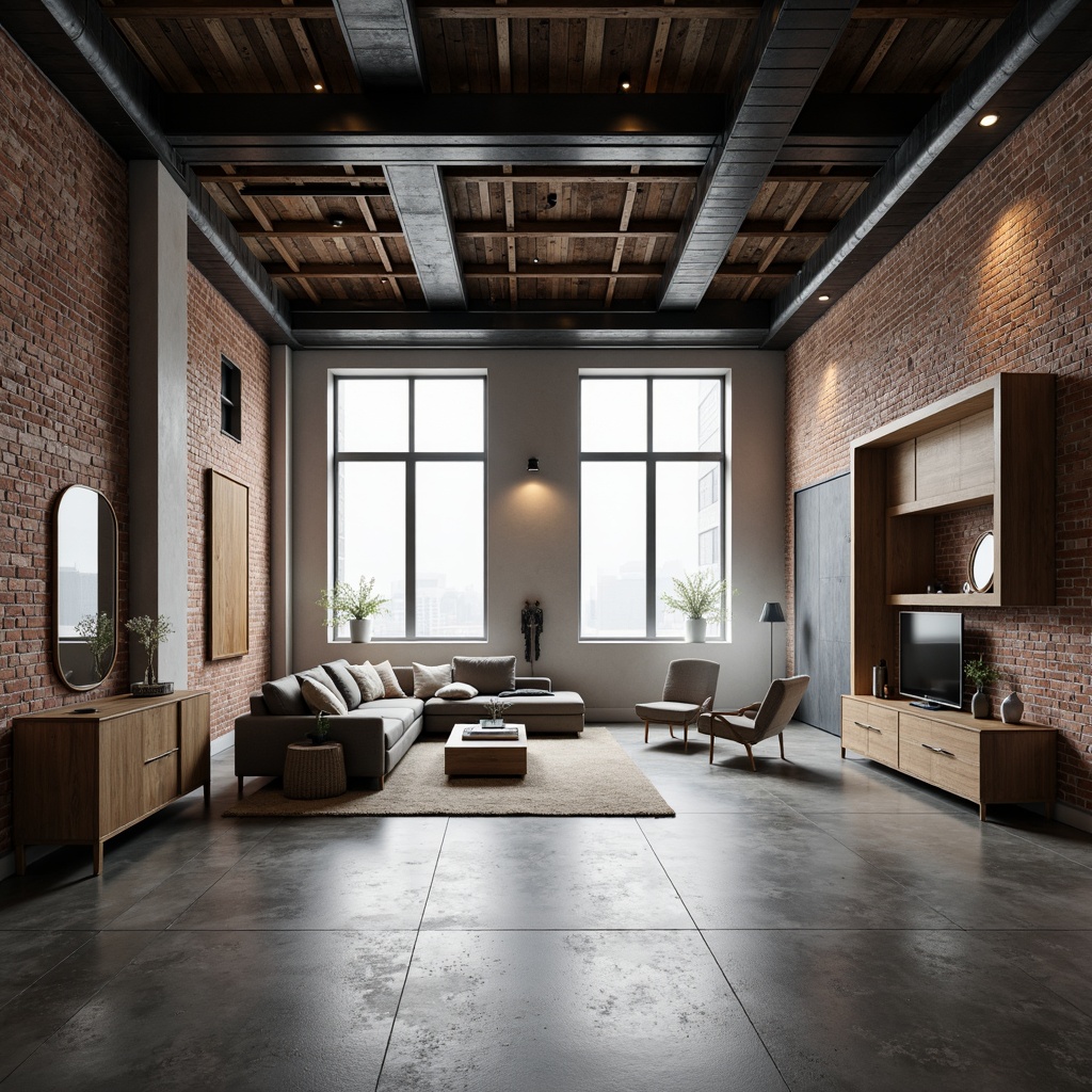 Prompt: Exposed brick walls, polished concrete floors, industrial metal beams, reclaimed wood accents, minimalist decor, natural light pouring in, airy atmosphere, urban loft vibe, brutalist architecture, open-plan living area, modular furniture, geometric shapes, monochromatic color scheme, matte finishes, functional lighting, structural elements on display, raw textures, dramatic shadows, low-angle photography, symmetrical composition, atmospheric fog effect.