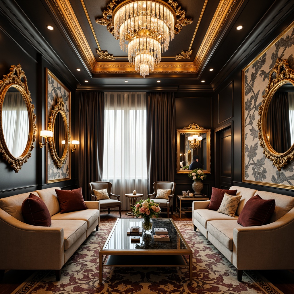 Prompt: Luxurious living room, ornate mirrors, metallic gold frames, velvet throw pillows, crystal chandeliers, marble coffee tables, tufted sofas, patterned rugs, floor-to-ceiling drapes, lavish curtains, sparkling sconces, rich wood accents, polished metal fixtures, opulent furniture legs, glamorous wall decor, artistic vases, ornamental flowers, dramatic ceiling treatments, warm ambient lighting, shallow depth of field, 1/1 composition, realistic textures, ambient occlusion.