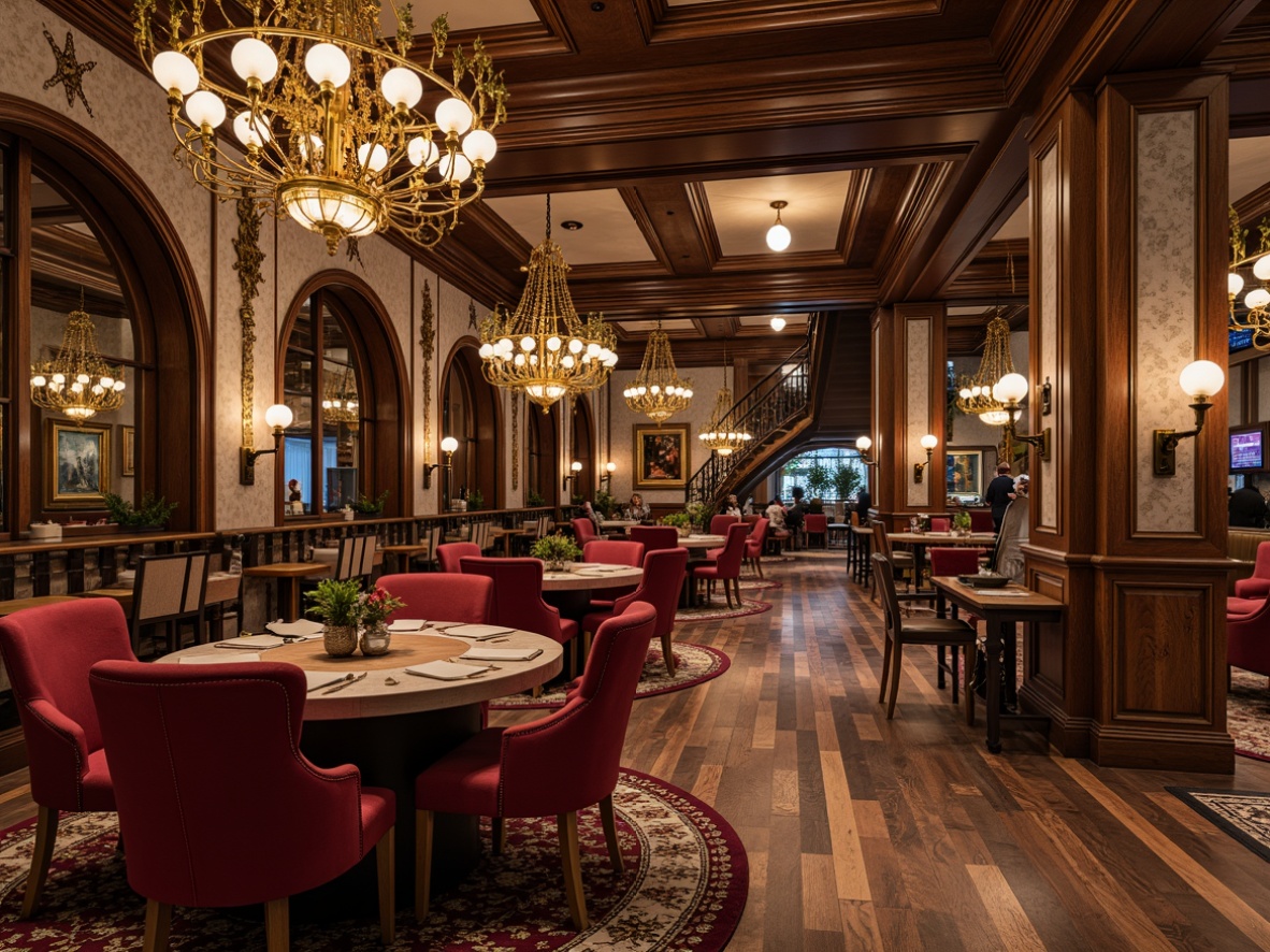 Prompt: Elegant casino interior, French country style, rustic wooden accents, distressed finishes, soft warm lighting, lavish chandeliers, ornate mirrors, velvet upholstery, rich jewel tones, luxurious textiles, subtle patterns, sophisticated ambiance, dark wood flooring, polished marble, intricate inlays, decorative borders, high-gloss finish, reflective surfaces, 3/4 composition, dramatic archways, grand staircases, opulent furnishings.