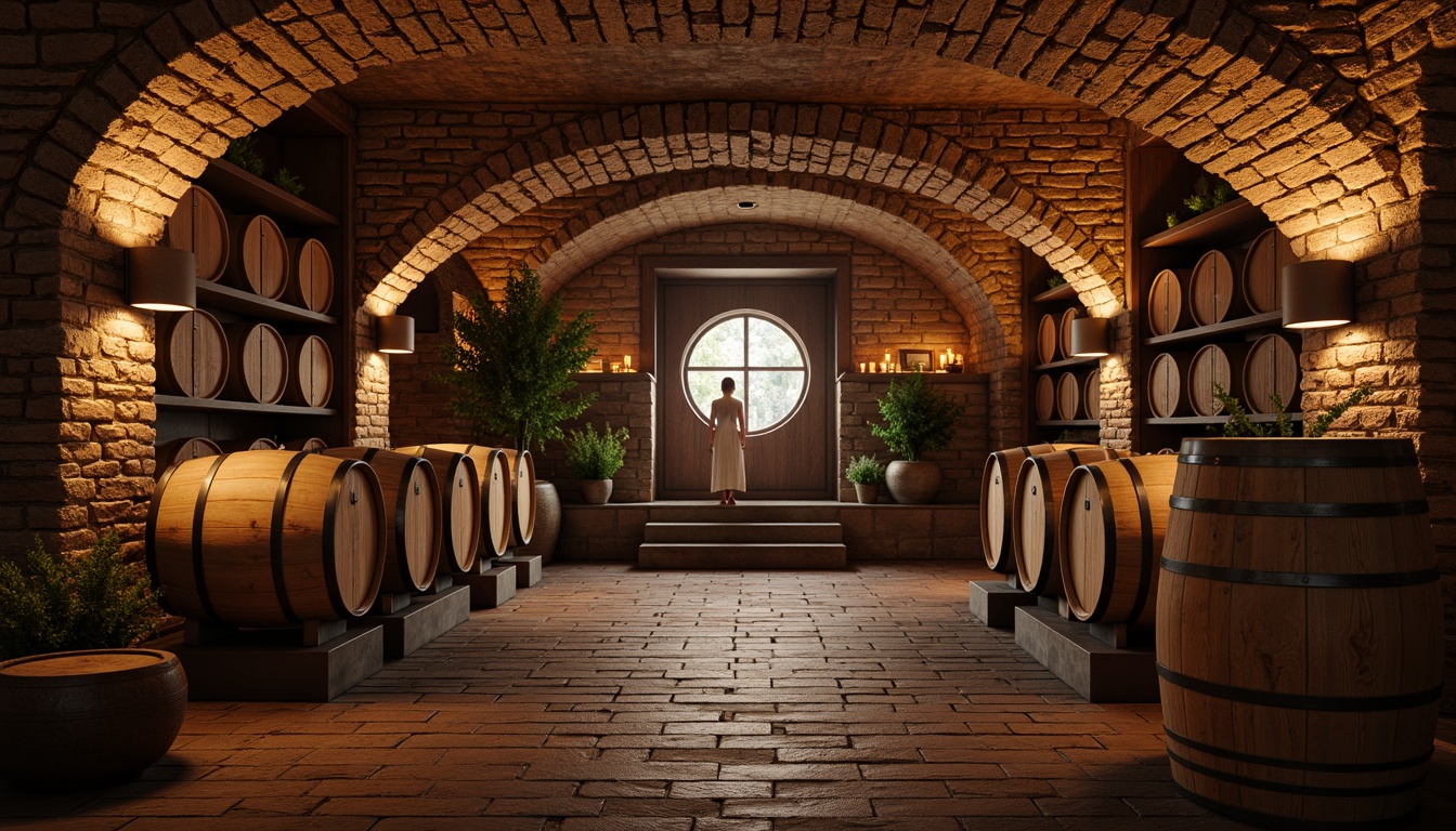 Prompt: Rustic wine cellar, reclaimed wood flooring, distressed oak planks, stone tiles, earthy tones, natural textures, warm ambiance, dim lighting, wooden barrels, vintage wine crates, brick arches, rustic metal accents, candlelit shelves, soft warm glow, shallow depth of field, 1/1 composition, realistic renderings, ambient occlusion.