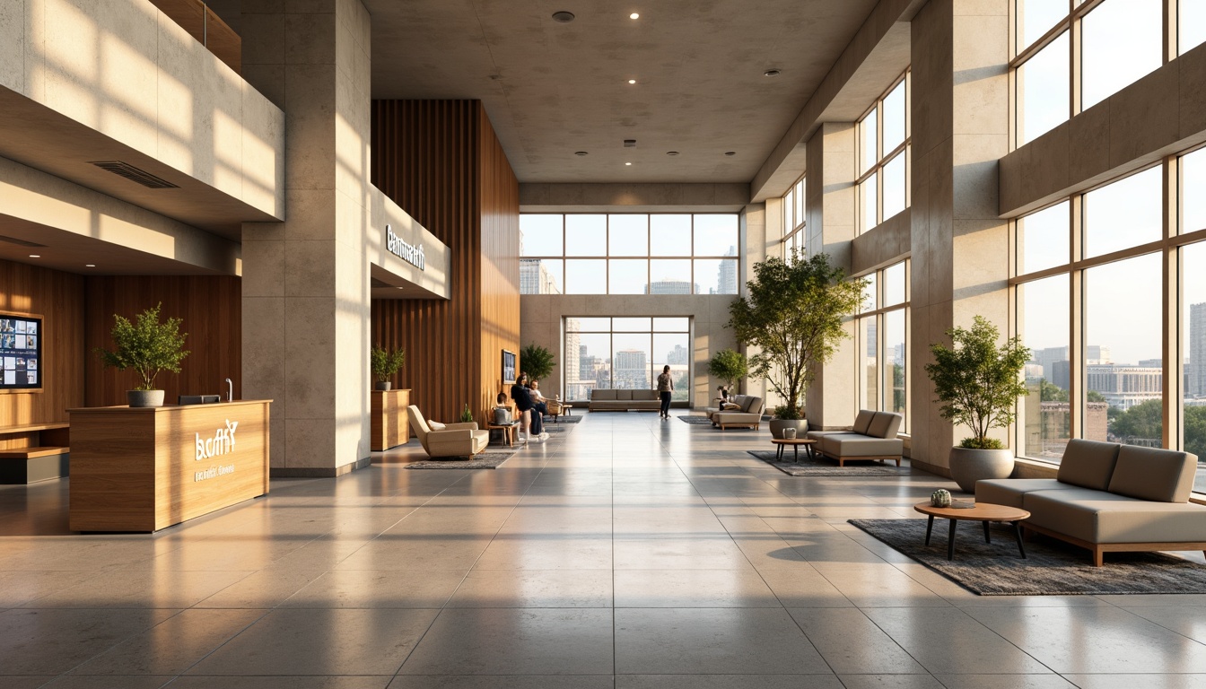 Prompt: Spacious open-plan banking hall, high ceilings, minimal partitions, natural stone flooring, sleek modern furniture, wooden accents, subtle branding elements, digital display screens, comfortable waiting areas, warm beige color scheme, abundant natural light, large windows, cityscape views, 1/1 composition, softbox lighting, realistic textures, ambient occlusion.