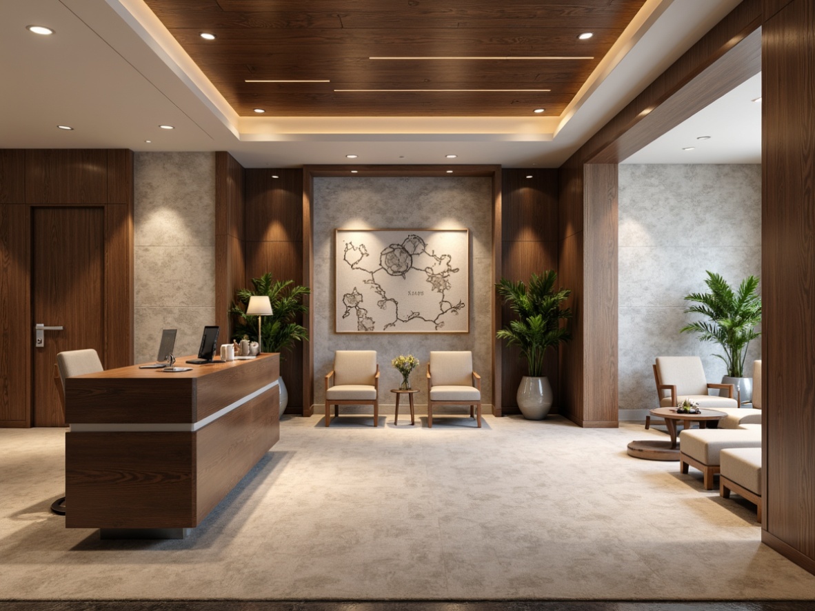 Prompt: Neutral-toned bank interior, transitional style, accent walls with rich wood paneling, elegant stone cladding, sophisticated metallic accents, modern minimalist furniture, sleek glass tables, plush carpeting, ambient warm lighting, subtle texture variations, 1/1 composition, shallow depth of field, realistic reflections, soft focus blur.