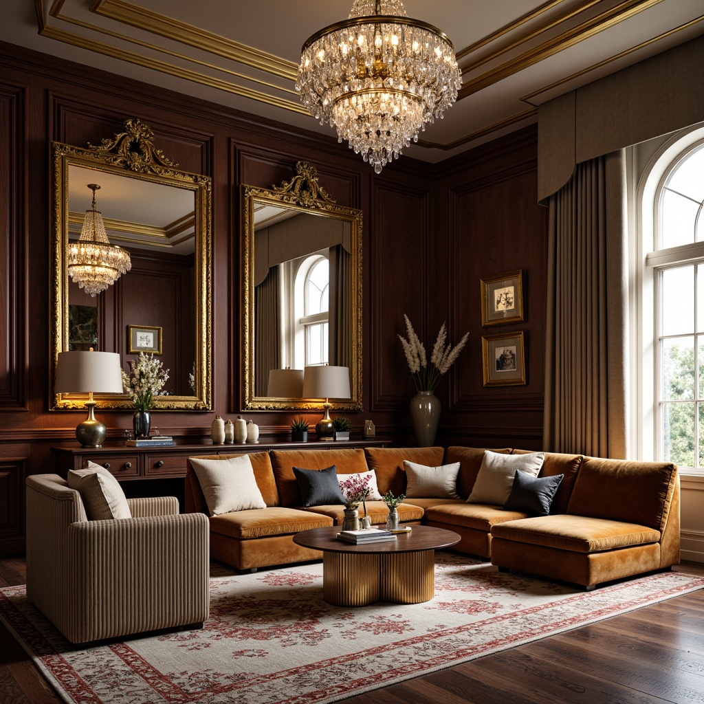 Prompt: Luxurious living room, ornate gold frames, velvet upholstery, crystal chandeliers, rich wood tones, patterned rugs, plush throw pillows, metallic vases, decorative mirrors, elegant curtains, sophisticated color palette, soft warm lighting, shallow depth of field, 1/1 composition, realistic textures, ambient occlusion.