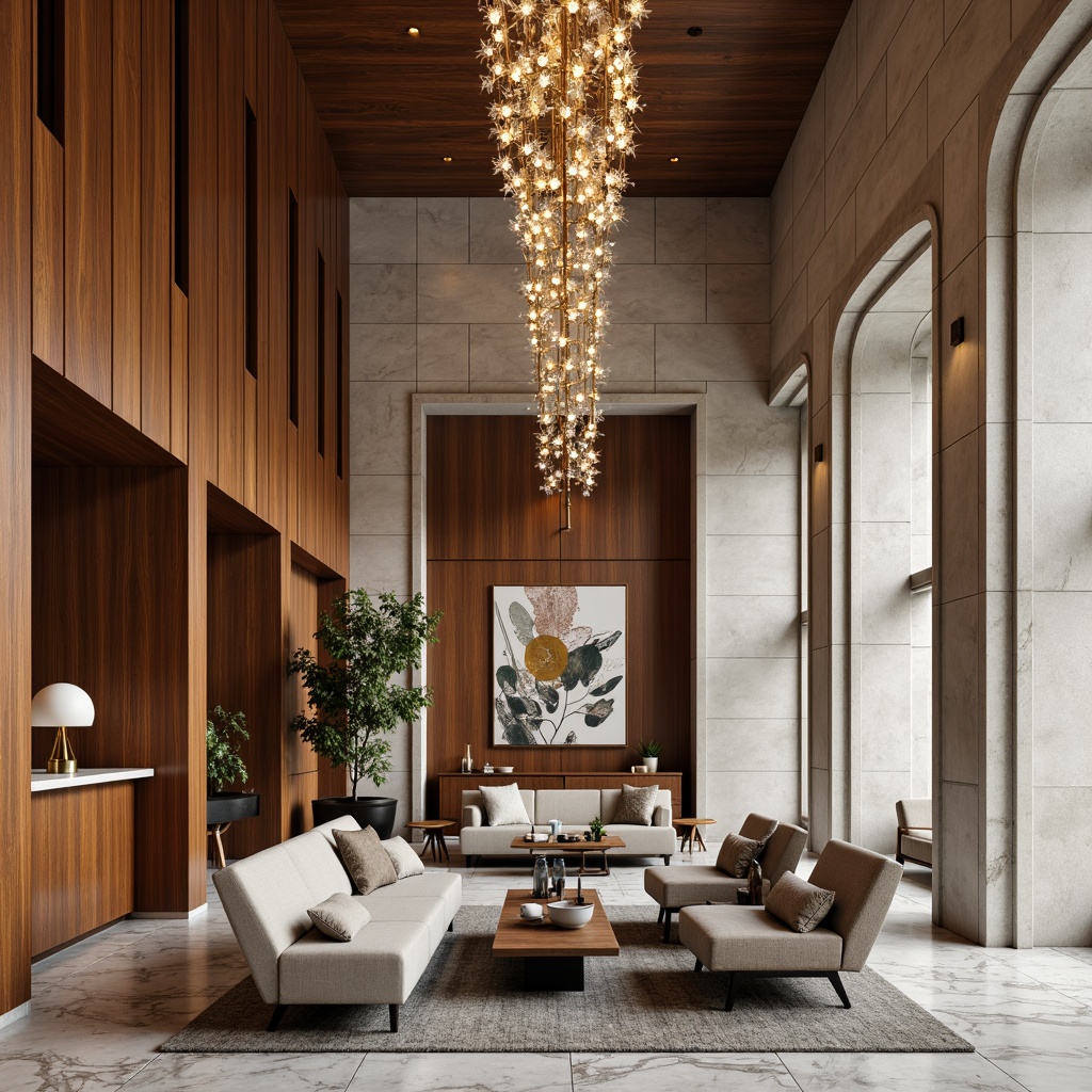 Prompt: Luxurious bank lobby, rich wood tones, marble flooring, elegant chandeliers, sophisticated neutral colors, comfortable sofas, accent chairs, wooden coffee tables, minimalist metal legs, plush rugs, natural stone columns, modern abstract artwork, subtle texture variations, warm ambient lighting, shallow depth of field, 1/2 composition, realistic reflections.