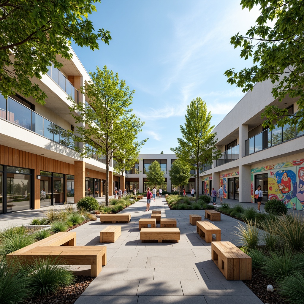 Prompt: Vibrant community center, open courtyard, lush greenery, natural stone seating areas, wooden benches, educational murals, public art installations, modern architecture, large windows, glass doors, abundant natural light, airy atmosphere, shallow depth of field, 3/4 composition, panoramic view, realistic textures, ambient occlusion.