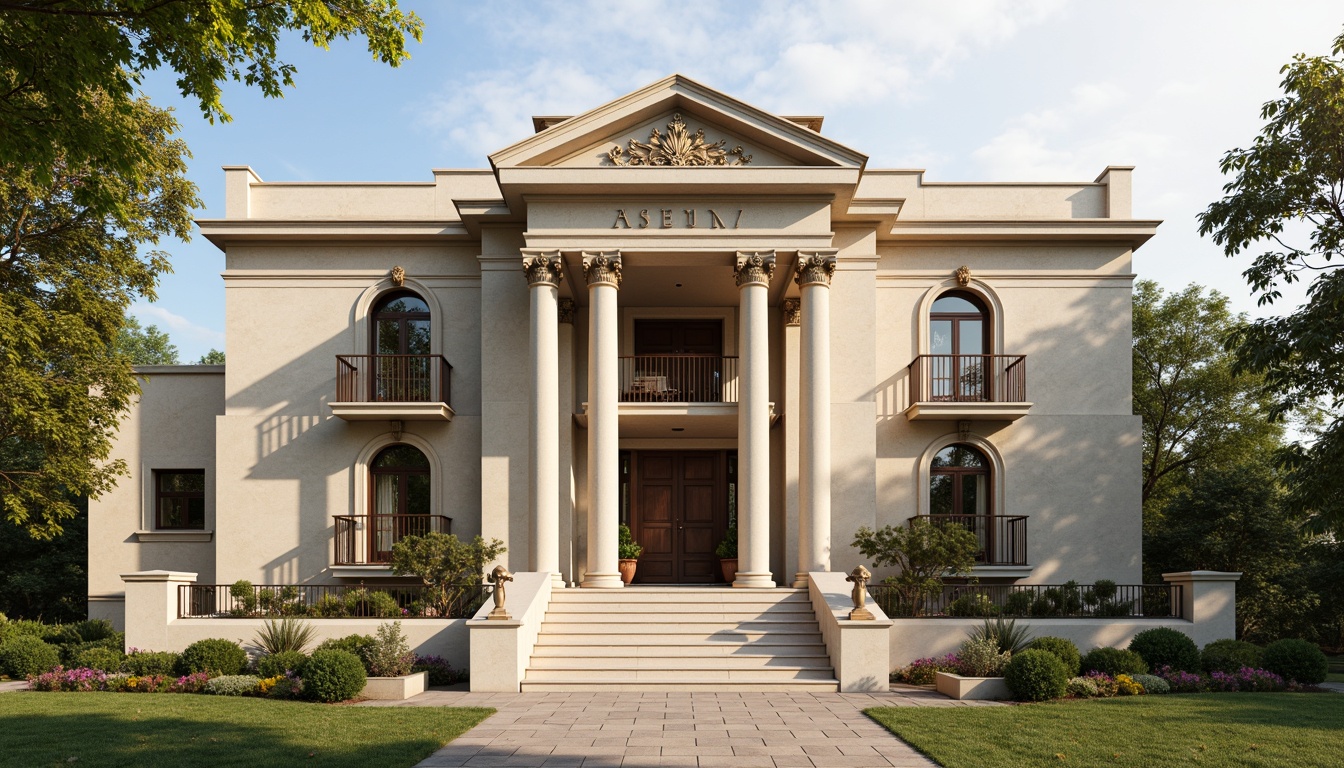 Prompt: Elegant Neoclassical facade, grand entrance, ornate columns, symmetrical architecture, limestone walls, carved decorations, ionic capitals, scrolled pediments, arched windows, Juliet balconies, wrought iron railings, manicured lawns, blooming flowerbeds, serene atmosphere, soft natural lighting, warm beige tones, classic proportions, harmonious composition, shallow depth of field, central perspective.