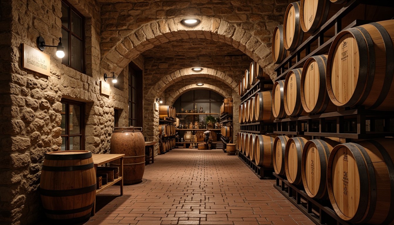 Prompt: Rustic wine cellar, stone walls, wooden barrels, dim warm lighting, earthy tones, natural materials, distressed wood flooring, reclaimed oak planks, worn brick pathways, terra cotta tiles, travertine slabs, rustic metal accents, vintage wine-making equipment, wooden wine crates, soft warm glow, shallow depth of field, 1/1 composition, realistic textures, ambient occlusion.