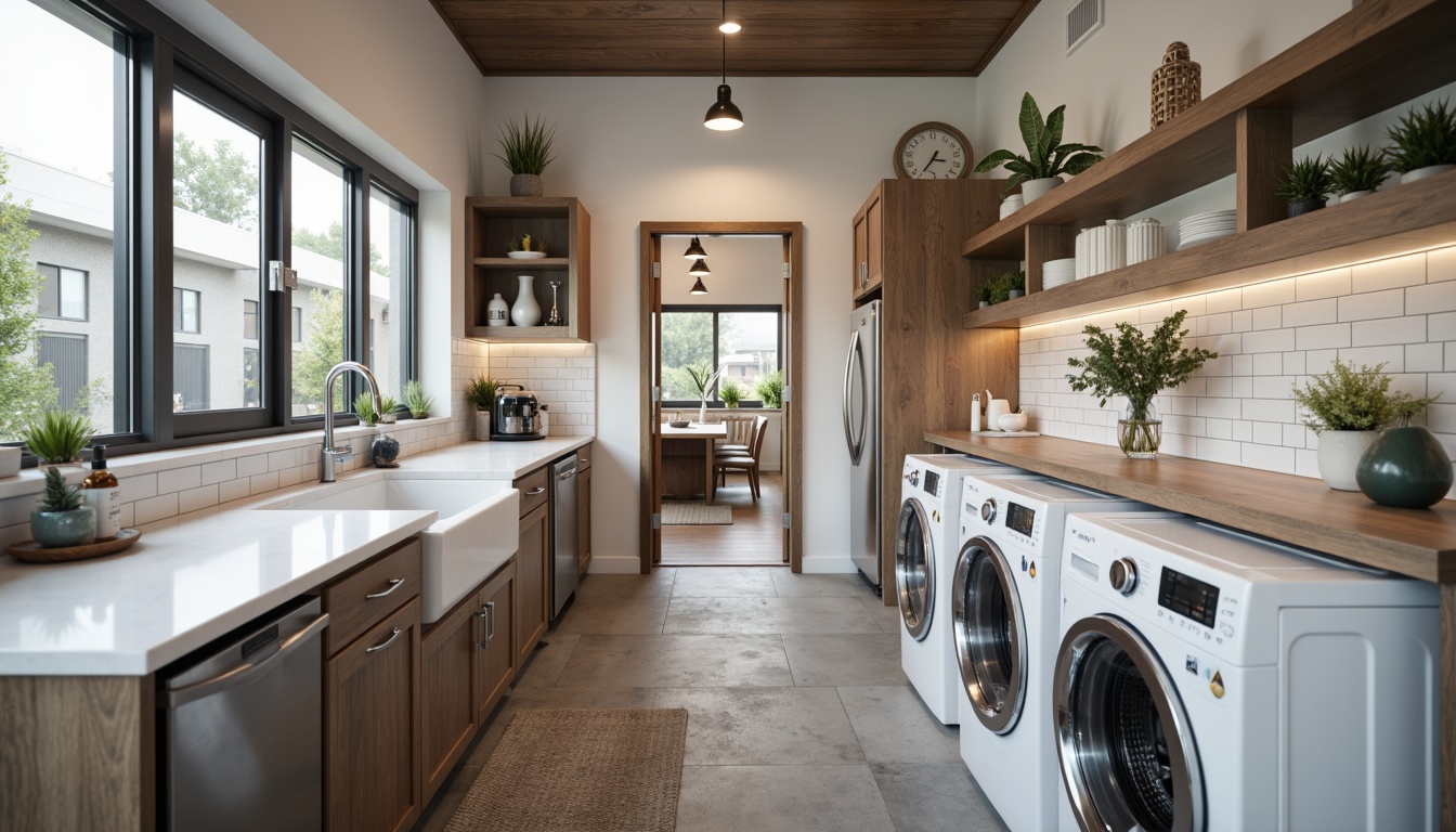 Prompt: Modern laundry room, sleek cabinetry, stainless steel appliances, white quartz countertops, polished chrome fixtures, bright overhead lighting, recessed LED lights, under-cabinet task lighting, pendant light fixtures, glass tile backsplash, industrial-chic concrete floors, minimalist decor, natural daylight, soft warm glow, shallow depth of field, 1/1 composition, realistic textures, ambient occlusion.