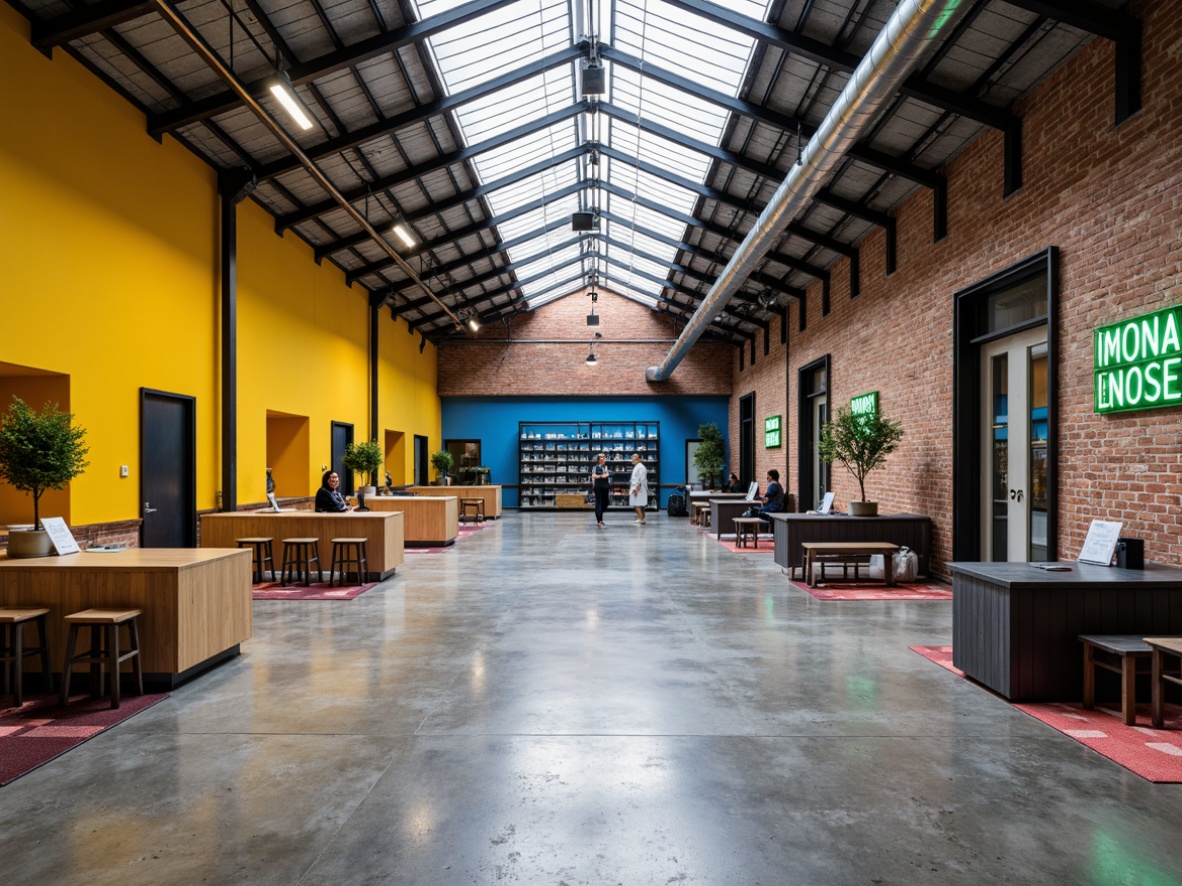 Prompt: Industrial warehouse, exposed brick walls, metal beams, polished concrete floors, vibrant yellow accents, bold blue highlights, bright coral pops of color, neon green signs, modern industrial lighting, urban loft atmosphere, open ceiling, reclaimed wood textures, edgy metallic fixtures, sleek minimalist decor, functional shelving units, geometric patterned rugs, natural light pouring in, shallow depth of field, 1/1 composition, realistic materials.