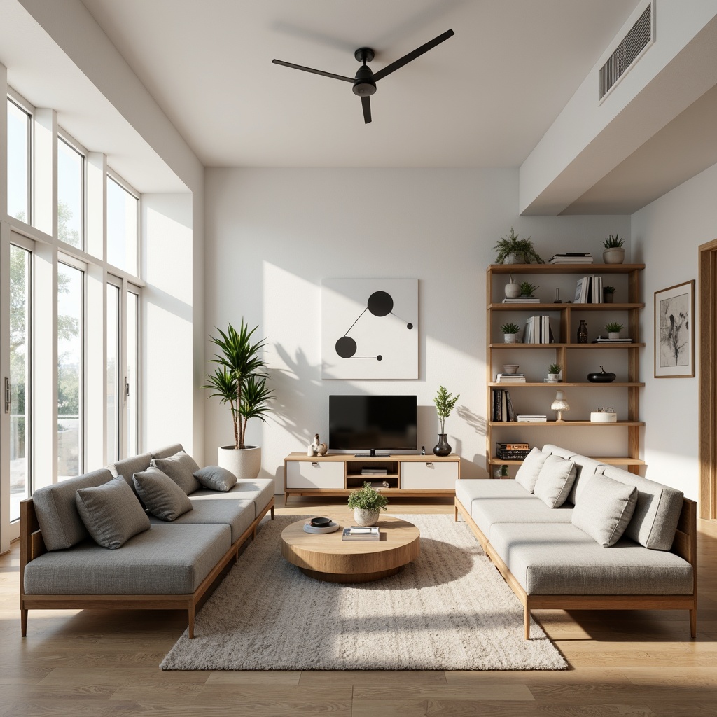 Prompt: Simple living room, neutral color palette, natural materials, wooden flooring, minimal ornamentation, low-profile sofas, sleek coffee tables, geometric-shaped decor, industrial-style lighting fixtures, functional shelving units, edited number of furniture pieces, airy open space, plenty of negative space, soft diffused light, shallow depth of field, 1/1 composition, realistic textures, ambient occlusion.