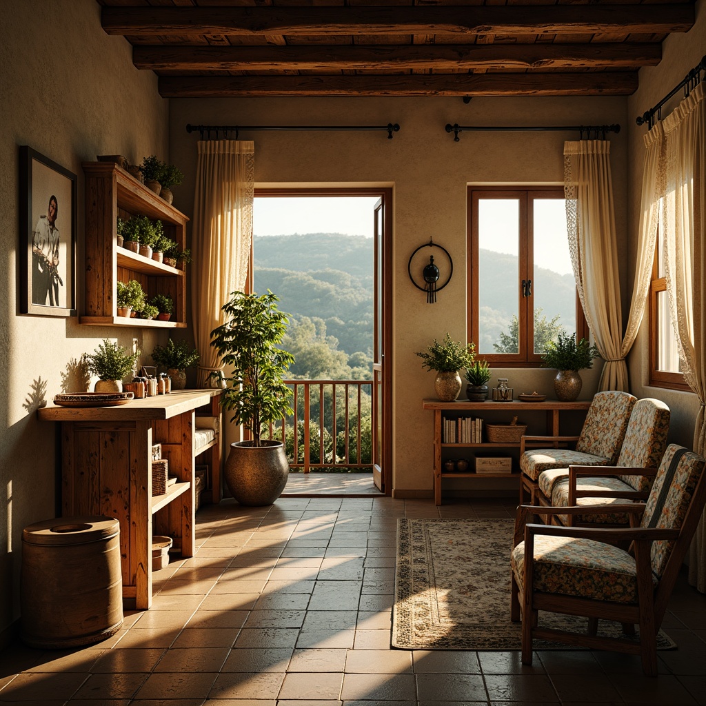 Prompt: Rustic wooden furniture, distressed finishes, soft golden lighting, vintage decorative accents, floral patterned fabrics, lace curtains, natural stone flooring, earthy color palette, ornate metalwork, woven baskets, potted plants, aged wooden beams, classic European architecture, rolling hills, countryside scenery, warm afternoon sunlight, shallow depth of field, 1/1 composition, realistic textures, ambient occlusion.