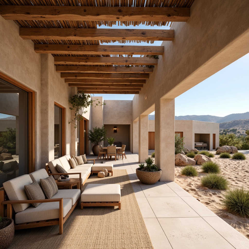 Prompt: Villa southwestern design, adobe-style architecture, earthy tones, stucco walls, wooden beams, large windows, sliding glass doors, clerestory windows, skylights, open floor plans, minimalist decor, natural textiles, woven baskets, terra cotta pots, succulent plants, desert landscape, sandy dunes, cactus plants, hot sunny day, clear blue sky, vast open space, warm soft lighting, shallow depth of field, 3/4 composition, panoramic view, realistic textures, ambient occlusion.