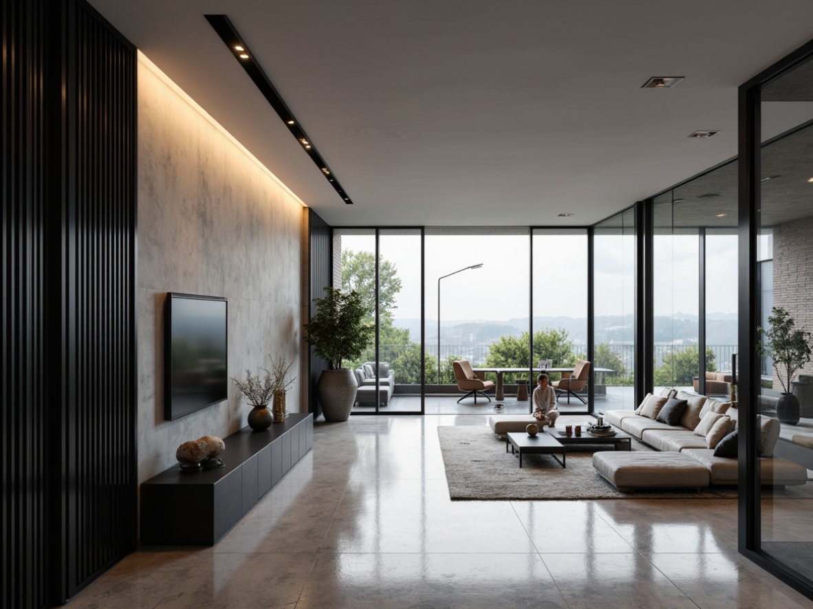 Prompt: Monochromatic interior, sleek lines, minimal decor, functional furniture, hidden storage, compact spaces, natural light, floor-to-ceiling windows, sliding glass doors, polished concrete floors, industrial metal accents, recessed lighting, ambient shadows, 1/1 composition, shallow depth of field, soft warm glow, realistic textures, subtle reflections.