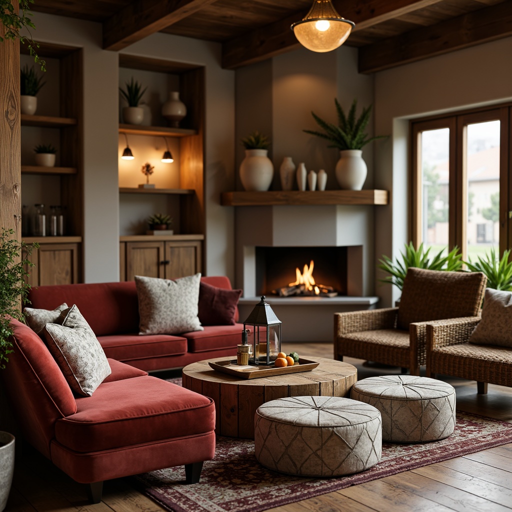 Prompt: Cozy hospitality lounge, rustic wooden accents, plush velvet sofas, reclaimed wood coffee tables, woven wicker armchairs, natural stone fireplaces, earthy tone color palette, vintage metal lanterns, distressed leather ottomans, botanical patterned rugs, warm ambient lighting, shallow depth of field, 1/1 composition, realistic textures, soft focus blur.