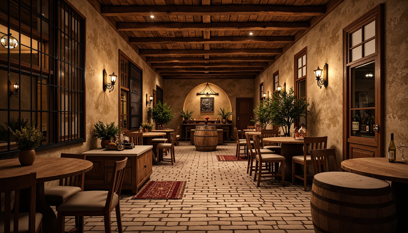 Prompt: Rustic wine cellar, reclaimed wooden planks, distressed stone flooring, earthy tone terracotta tiles, vintage metal grids, worn brick pathways, natural fiber rugs, warm candlelight, dimmed overhead lighting, rich wood accents, old-world charm, Mediterranean-inspired decor, rustic metalwork, wooden wine barrels, soft warm colors, cozy intimate atmosphere, 1/1 composition, shallow depth of field, realistic textures.