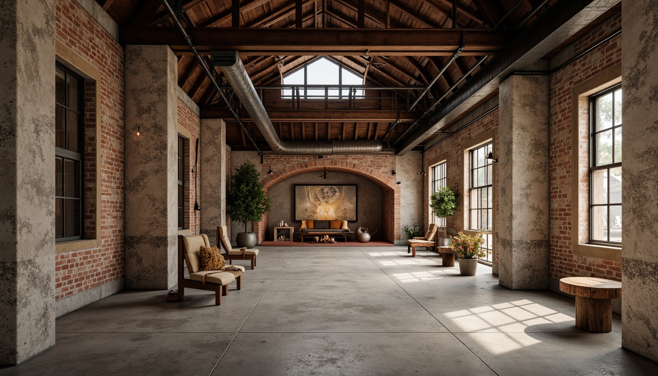 Prompt: Rustic warehouse, distressed brick walls, exposed ductwork, metal beams, reclaimed wood accents, industrial lighting fixtures, concrete floors, rough-hewn stone columns, natural textures, earthy color palette, warm atmospheric lighting, shallow depth of field, 1/1 composition, realistic materials, ambient occlusion.