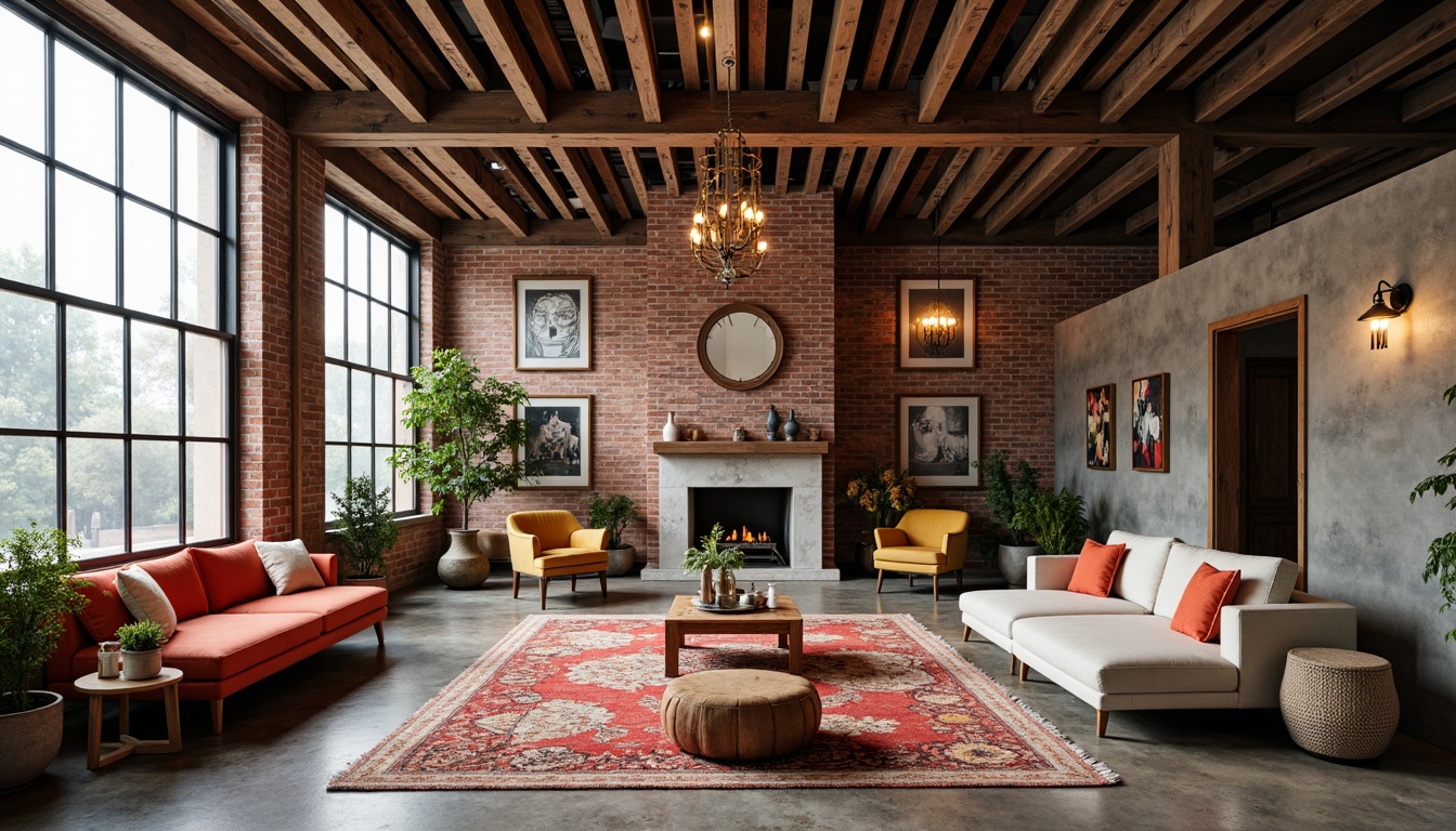 Prompt: Richly textured walls, bold patterned rugs, eclectic furniture pieces, vintage decorative items, statement lighting fixtures, polished concrete floors, reclaimed wood accents, industrial metal beams, exposed brick walls, vibrant color palette, dramatic ceiling heights, oversized windows, natural light pouring in, warm cozy atmosphere, inviting seating areas, plush throw pillows, unique architectural details, mixed metallic tones, subtle sheen finishes, refined rustic charm, organic feel, relaxed modern aesthetic.