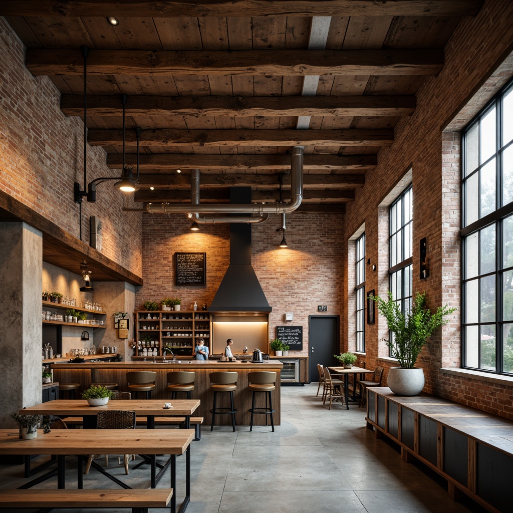 Prompt: Rustic wooden beams, distressed brick walls, exposed ductwork, industrial metal pipes, reclaimed wood accents, concrete flooring, natural stone countertops, earthy color palette, warm ambient lighting, soft focus, shallow depth of field, 2/3 composition, realistic textures, subtle grain effect.