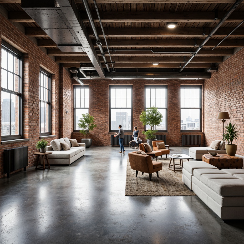 Prompt: Exposed brick walls, metal beams, polished concrete floors, industrial-style lighting fixtures, open-plan living areas, minimal partitions, floor-to-ceiling windows, natural ventilation systems, reclaimed wood accents, functional modular furniture, airy loft spaces, urban-chic decor, modern minimalist aesthetic, abundant natural light, shallow depth of field, 1/1 composition, realistic textures, ambient occlusion.