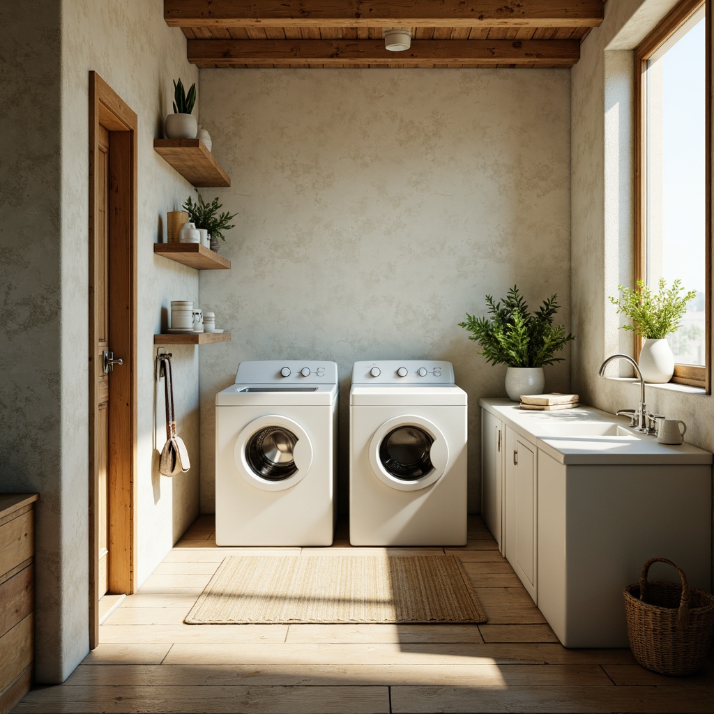 Prompt: Soft whites, creamy beiges, pale blues, gentle yellows, soothing greens, calming pastels, vintage washing machines, rustic wooden floors, natural stone walls, cozy laundry rooms, warm ambient lighting, shallow depth of field, 1/1 composition, realistic textures, subtle color gradients.