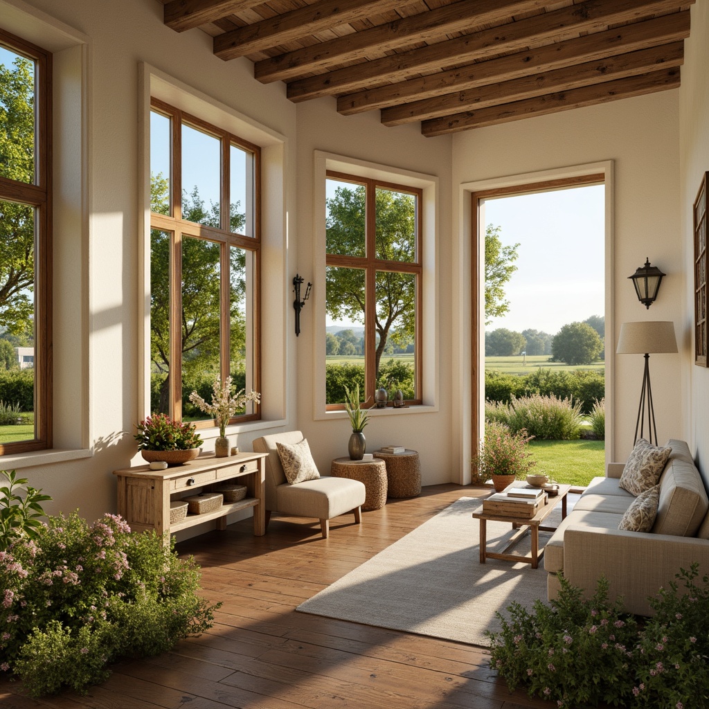 Prompt: Rustic farmhouse, soft creamy whites, warm beige tones, distressed wood accents, vintage metalware, elegant ornate furnishings, lush greenery, blooming wildflowers, sun-kissed fields, gentle morning light, warm golden lighting, shallow depth of field, 1/2 composition, realistic textures, ambient occlusion, soft focus, romantic atmosphere.