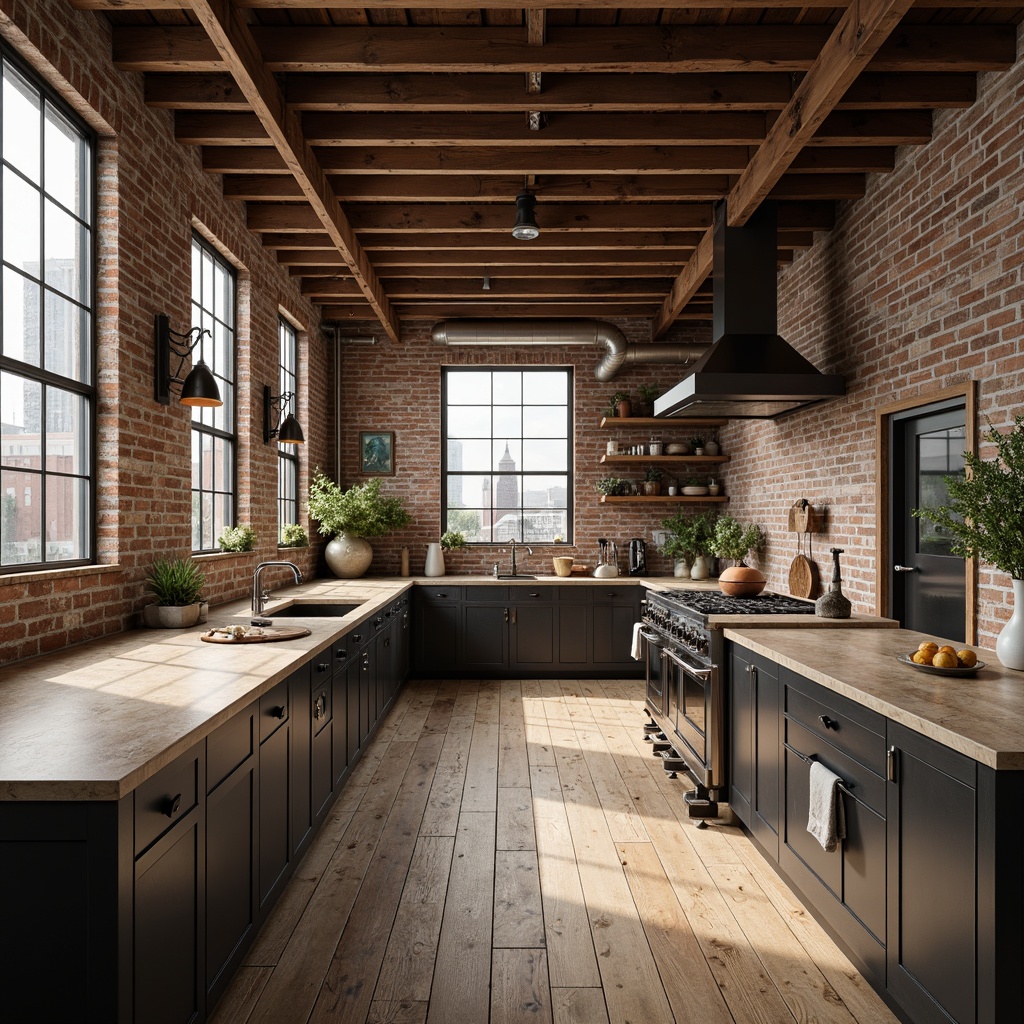 Prompt: Exposed brick walls, distressed wood flooring, industrial metal beams, reclaimed wooden accents, earthy color palette, natural stone countertops, matte black metal fixtures, minimalist decor, urban loft atmosphere, soft warm lighting, high ceilings, open space layout, 1/1 composition, realistic textures, ambient occlusion.