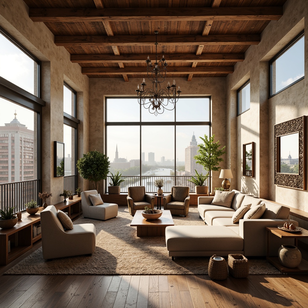 Prompt: Luxurious penthouse, rustic wooden beams, stone walls, high ceilings, grand chandelier, lavish furnishings, velvet sofas, distressed leather armchairs, antique wooden coffee tables, ornate mirrors, soft pastel colors, natural fabrics, woven baskets, potted plants, floor-to-ceiling windows, breathtaking city views, warm golden lighting, shallow depth of field, 1/2 composition, realistic textures, ambient occlusion.