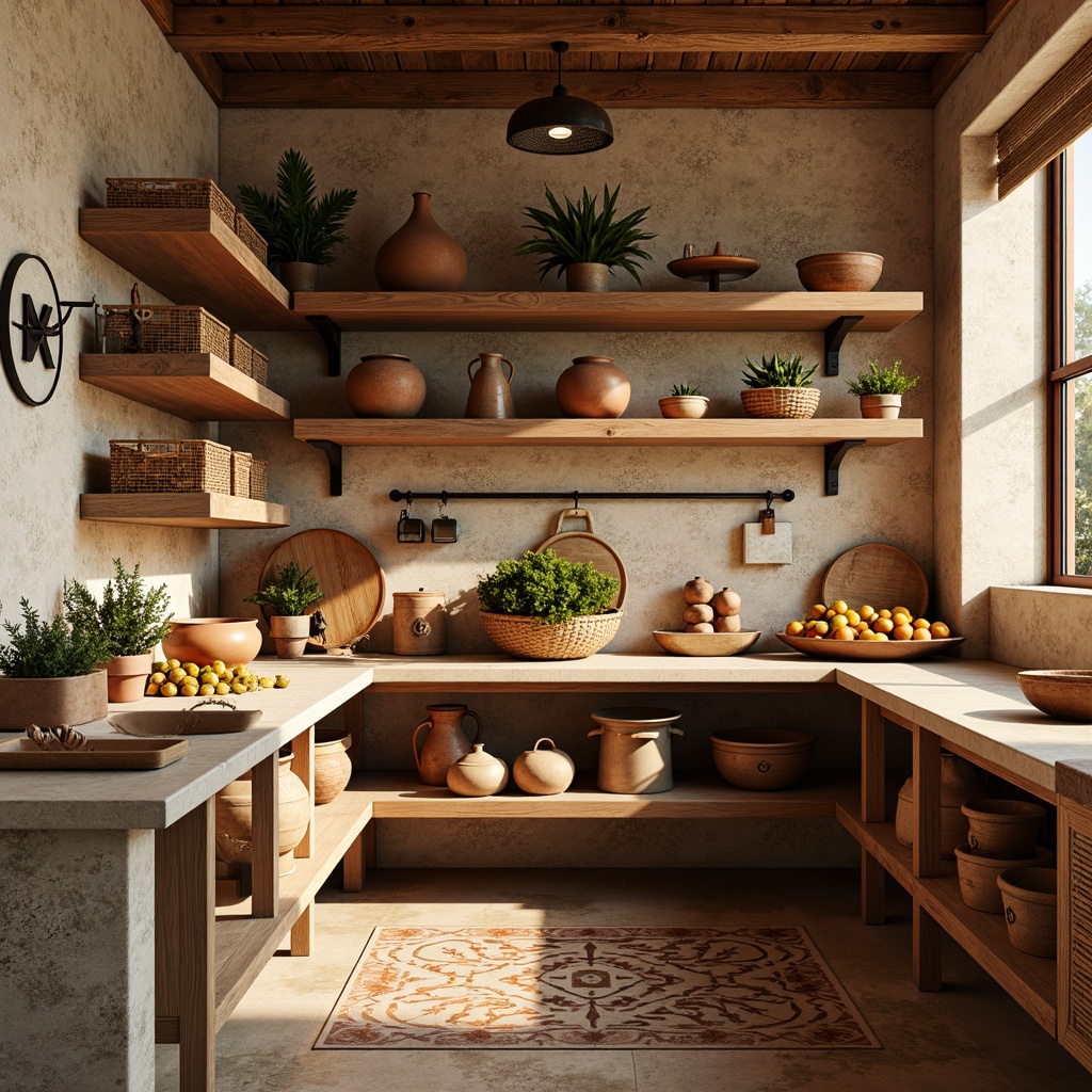 Prompt: Warm Mediterranean pantry, natural stone walls, rustic wooden shelves, distressed finishes, earthy terracotta pots, vintage copper accents, woven rattan baskets, aromatic spices, sun-kissed citrus fruits, warm beige countertops, decorative ceramic tiles, soft golden lighting, shallow depth of field, 3/4 composition, realistic textures, ambient occlusion.