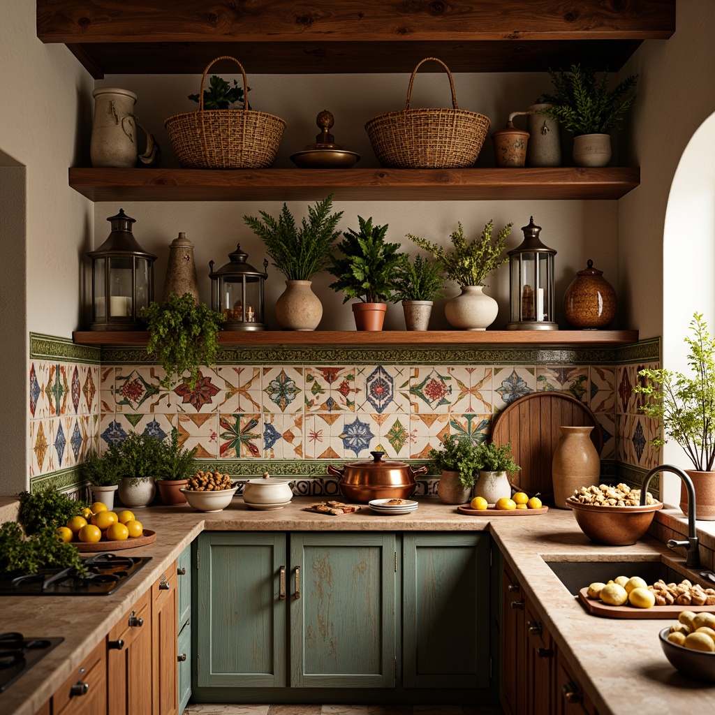 Prompt: Warm Mediterranean kitchen, rustic wooden shelves, ornate ceramic tiles, vintage metal lanterns, distressed wood cabinets, woven wicker baskets, aromatic herbs, colorful spices, gleaming copper utensils, earthy terracotta pots, sun-kissed lemons, fragrant olives, golden honeycombs, soft warm lighting, shallow depth of field, 3/4 composition, realistic textures, ambient occlusion.