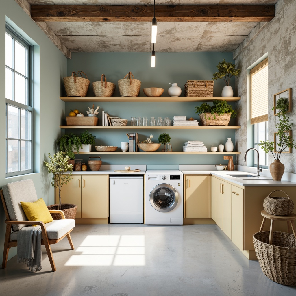 Prompt: Vibrant laundry room, pastel colors, soft whites, creamy beiges, gentle blues, warm yellows, natural textures, woven baskets, wooden shelves, modern appliances, sleek countertops, industrial-chic decor, urban loft ambiance, bright overhead lighting, 1/1 composition, shallow depth of field, realistic reflections.