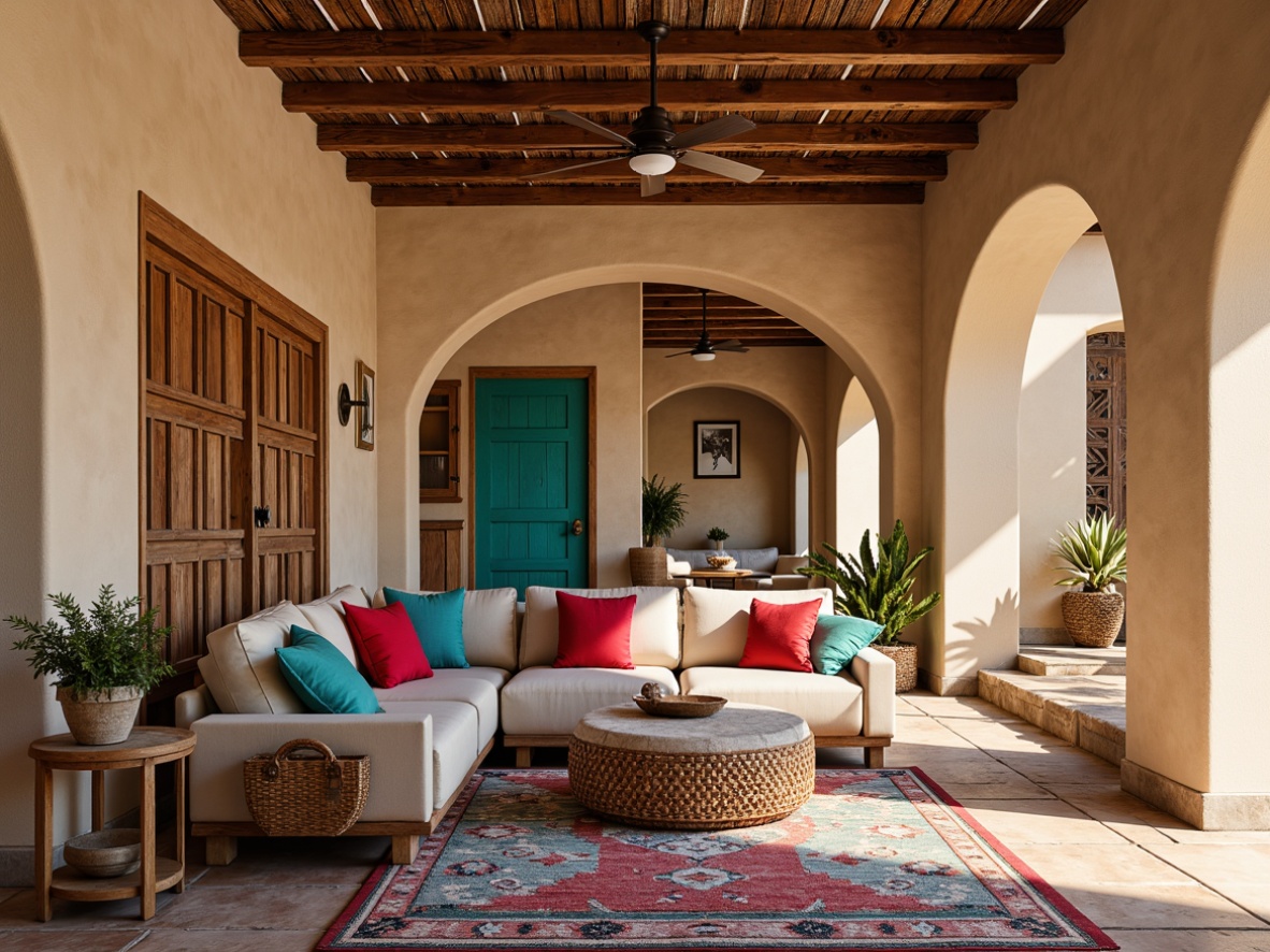 Prompt: Adobe earth tones, sandy beige walls, turquoise accents, rustic wooden doors, wrought iron fixtures, clay roof tiles, curved archways, ornate tile work, vibrant colorful textiles, geometric patterned rugs, natural stone flooring, reclaimed wood beams, cozy nooks, warm ambient lighting, soft shadows, shallow depth of field, 3/4 composition, panoramic view, realistic textures, ambient occlusion.