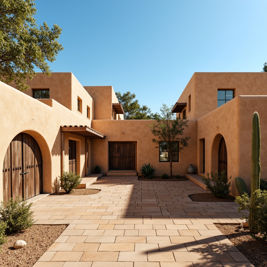 Prompt: Adobe earth-toned stucco buildings, curved lines, rustic wooden doors, ornate metalwork, vibrant turquoise accents, clay roof tiles, arched windows, decorative trims, natural stone walls, desert landscaping, cacti plants, sandy terrain, clear blue skies, warm sunny days, soft shadows, shallow depth of field, 3/4 composition, panoramic view, realistic textures, ambient occlusion.