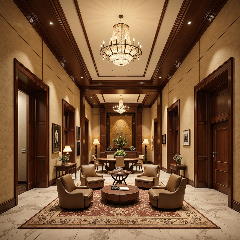 Prompt: Warm beige accent walls, rich wood tones, elegant crown molding, sophisticated transitional style, luxurious bank interiors, opulent chandeliers, lavish furnishings, premium leather upholstery, polished marble floors, intricate rug patterns, soft warm lighting, shallow depth of field, 1/2 composition, realistic textures, ambient occlusion.