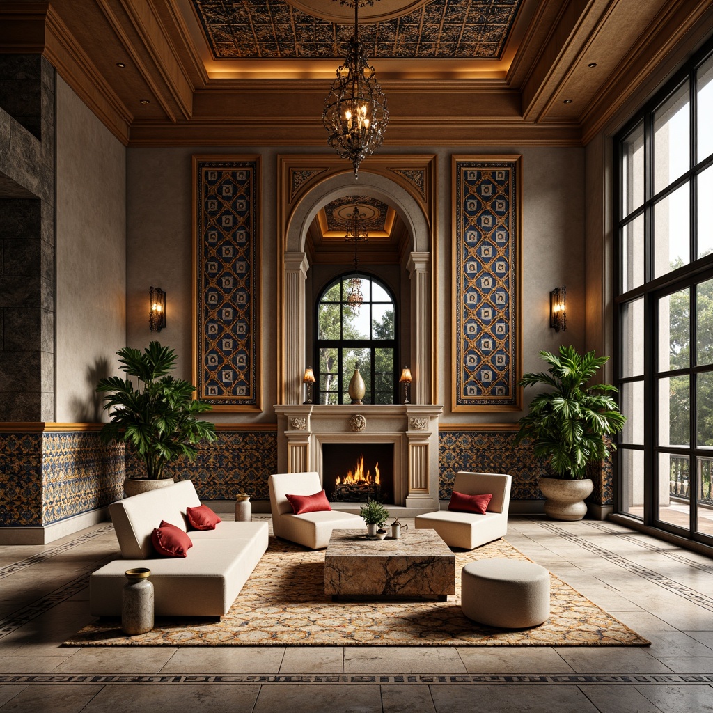 Prompt: Luxurious interior space, ornate tile patterns, Moroccan-inspired geometric motifs, vibrant colorful ceramics, natural stone accents, metallic inlays, rich wood tones, plush textiles, sophisticated furniture pieces, elegant chandeliers, warm ambient lighting, shallow depth of field, 1/1 composition, realistic renderings, atmospheric effects.