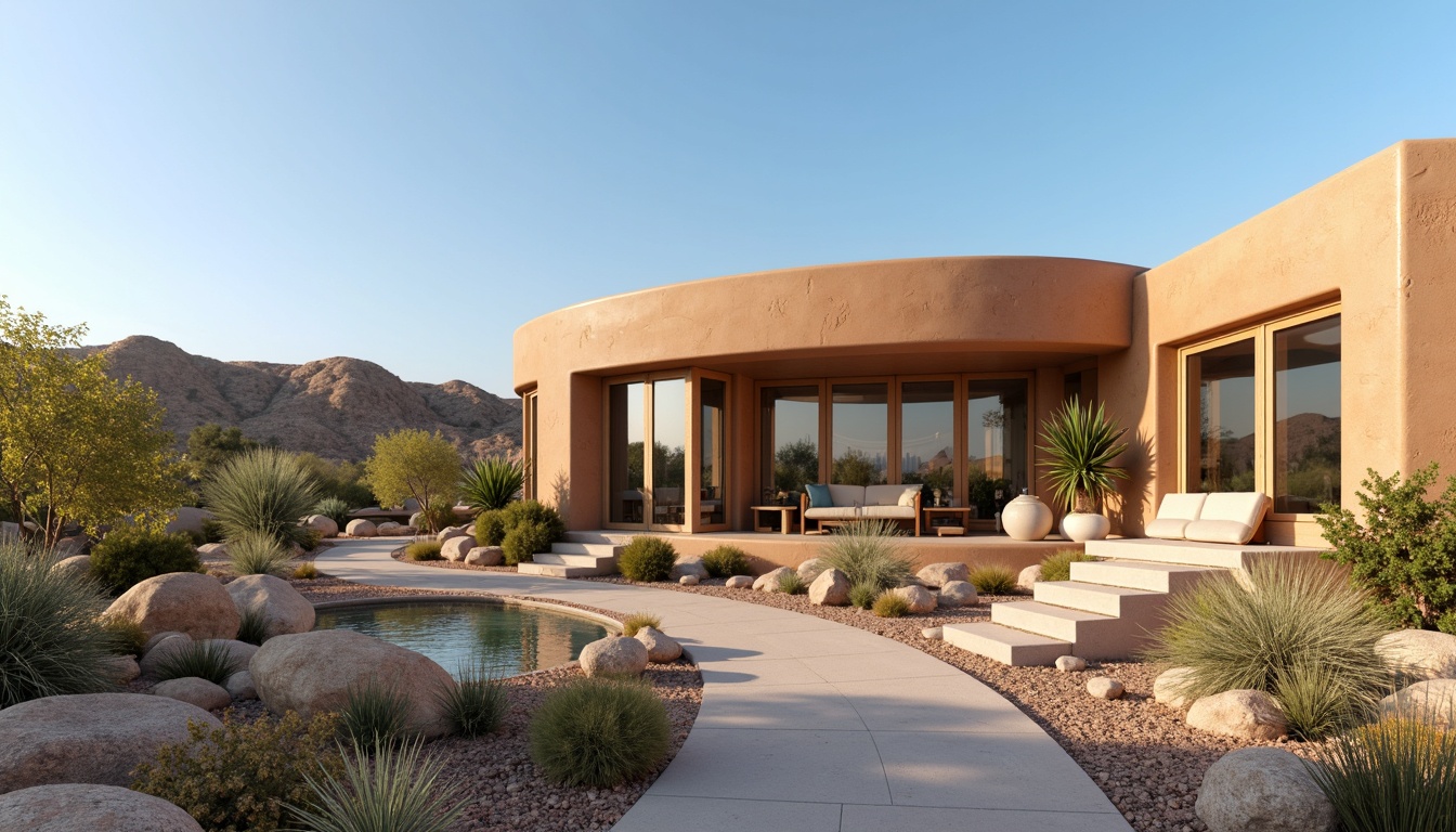 Prompt: Southwestern villa, stucco exterior, curved lines, earthy tones, natural stone walls, wooden accents, large windows, sliding glass doors, clerestory windows, skylights, open floor plan, minimal interior walls, reflective flooring, bright color palette, desert landscape, cactus plants, rocky outcroppings, sandy dunes, clear blue sky, warm sunny day, soft gentle lighting, shallow depth of field, 3/4 composition, panoramic view, realistic textures, ambient occlusion.