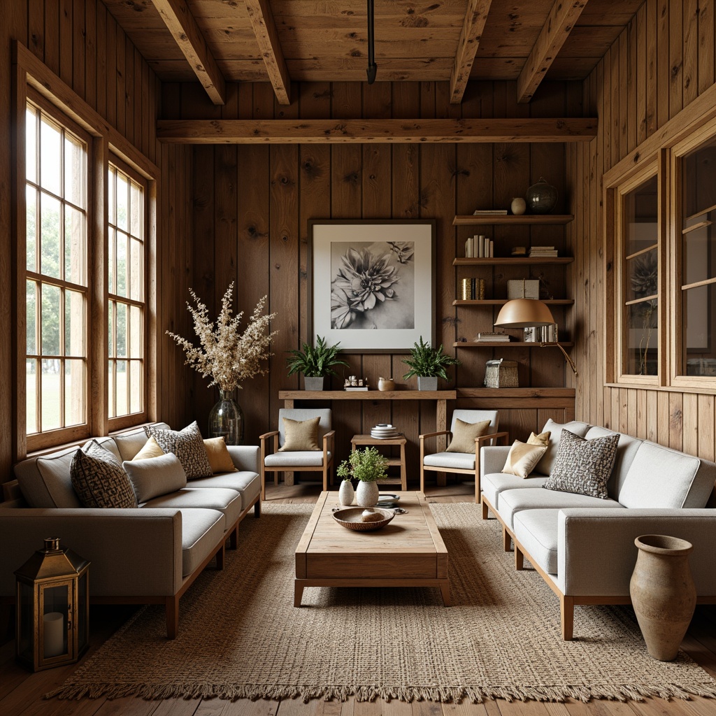 Prompt: Rustic wooden farmhouse, vintage eclectic decor, distressed finishes, reclaimed wood accents, plush velvet sofas, oversized armchairs, antique metal lanterns, woven jute rugs, natural linen upholstery, earthy color palette, soft warm lighting, shallow depth of field, 3/4 composition, panoramic view, realistic textures, ambient occlusion.