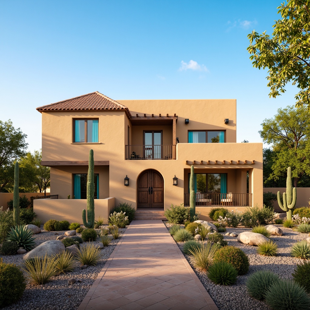 Prompt: Earthy villa, southwestern style, stucco exterior, warm beige walls, terracotta roof tiles, vibrant turquoise accents, rustic wooden doors, wrought iron decorations, lush greenery, cacti plants, succulents, desert landscape, clear blue sky, warm sunny day, soft natural lighting, 3/4 composition, realistic textures, ambient occlusion.