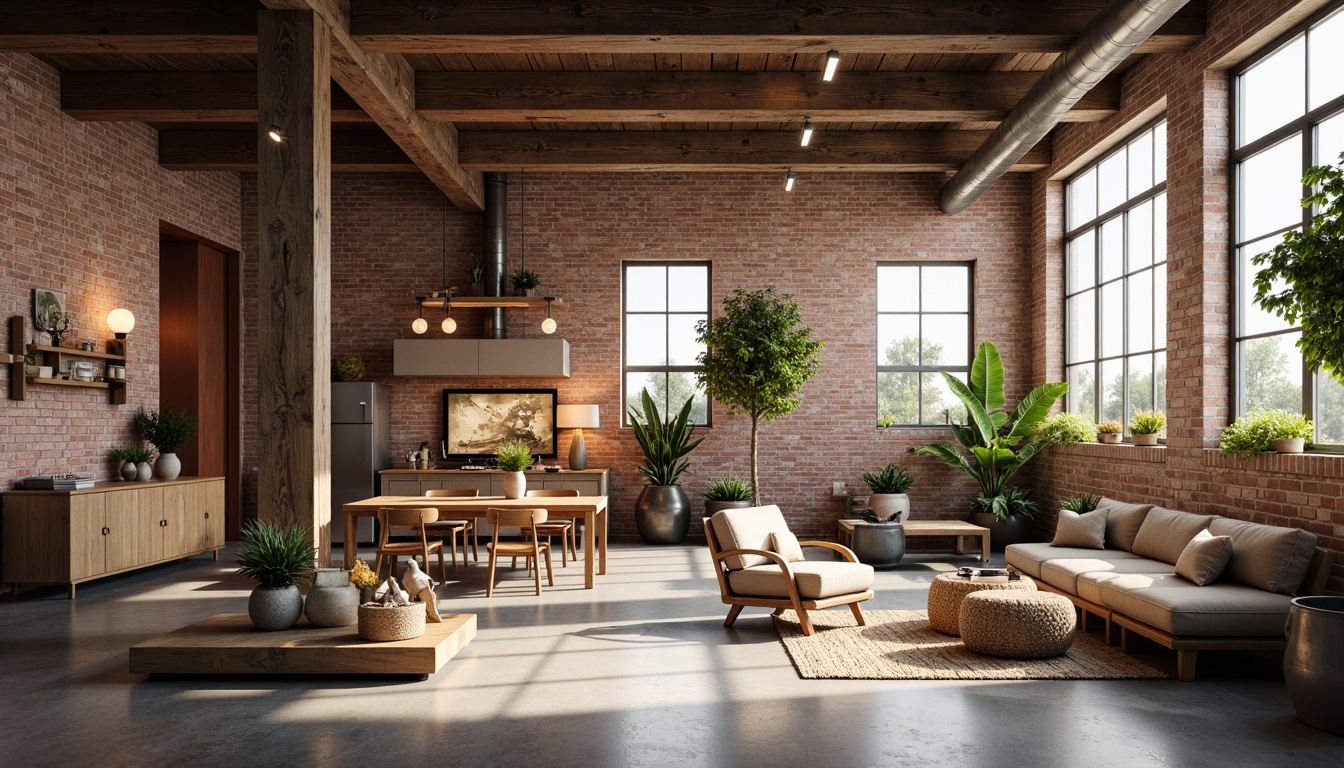 Prompt: Industrial-chic interior, exposed brick walls, polished concrete floors, reclaimed wood accents, metal beams, rustic wooden furniture, earthy color palette, natural textiles, woven baskets, pendant lighting, minimalist decor, urban loft atmosphere, abundant natural light, soft warm glow, shallow depth of field, 1/1 composition, realistic textures, ambient occlusion.