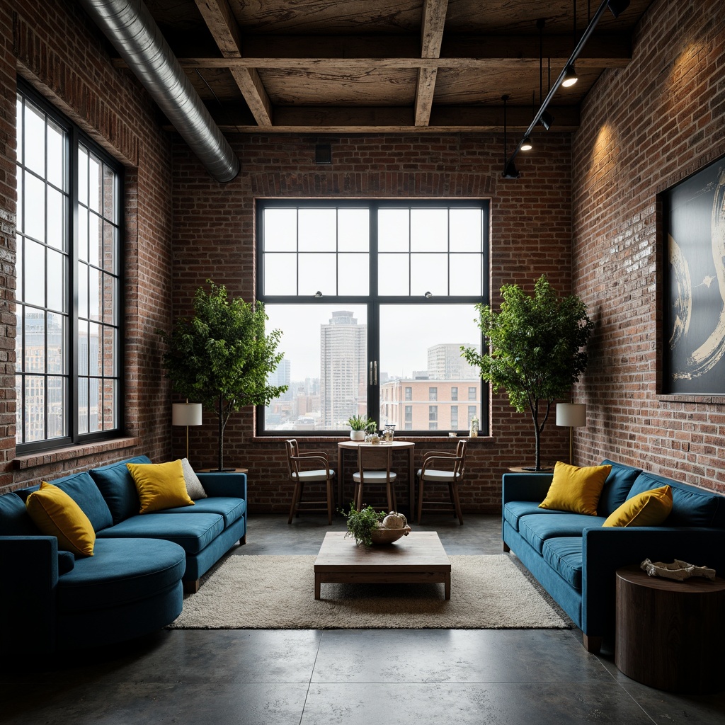 Prompt: Exposed brick walls, industrial metal beams, reclaimed wood accents, polished concrete floors, minimalist decor, monochromatic color scheme, bold yellow accent pillows, deep blue velvet sofas, rich greenery, natural light pouring in, large windows, urban cityscape views, gritty textures, moody atmospheric lighting, 3/4 composition, cinematic depth of field.