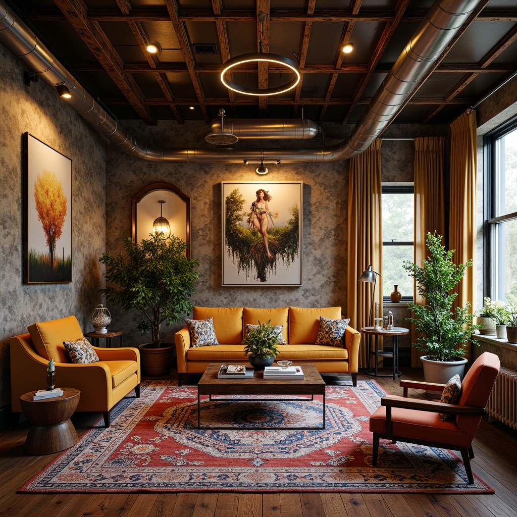 Prompt: Richly patterned rugs, bold statement walls, eclectic mix of vintage and modern furniture, metallic accents, luxurious velvet upholstery, reclaimed wood flooring, industrial-chic exposed ductwork, sleek minimalist lighting fixtures, whimsical decorative accessories, bohemian-inspired textiles, nature-infused color palette, abstract artwork, dramatic floor-to-ceiling drapes, ornate ceiling details, distressed finishes, moody atmospheric ambiance, warm golden lighting, 1/2 composition, soft focus effect.