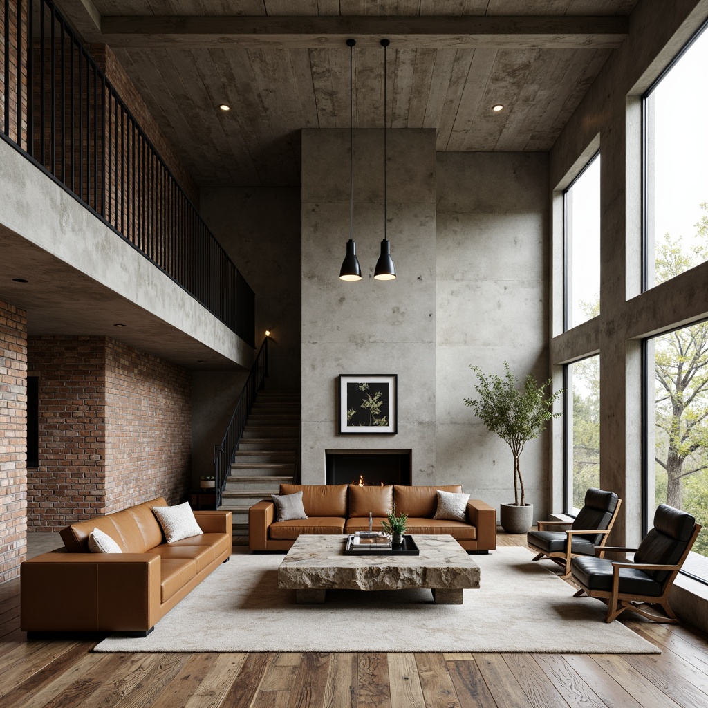 Prompt: Exquisite living room, raw concrete walls, exposed brick accents, reclaimed wood flooring, industrial metal beams, minimalist decor, monochromatic color scheme, natural stone coffee table, distressed leather sofa, metallic light fixtures, floor-to-ceiling windows, abundant natural light, soft warm ambiance, 1/1 composition, shallow depth of field, realistic textures.