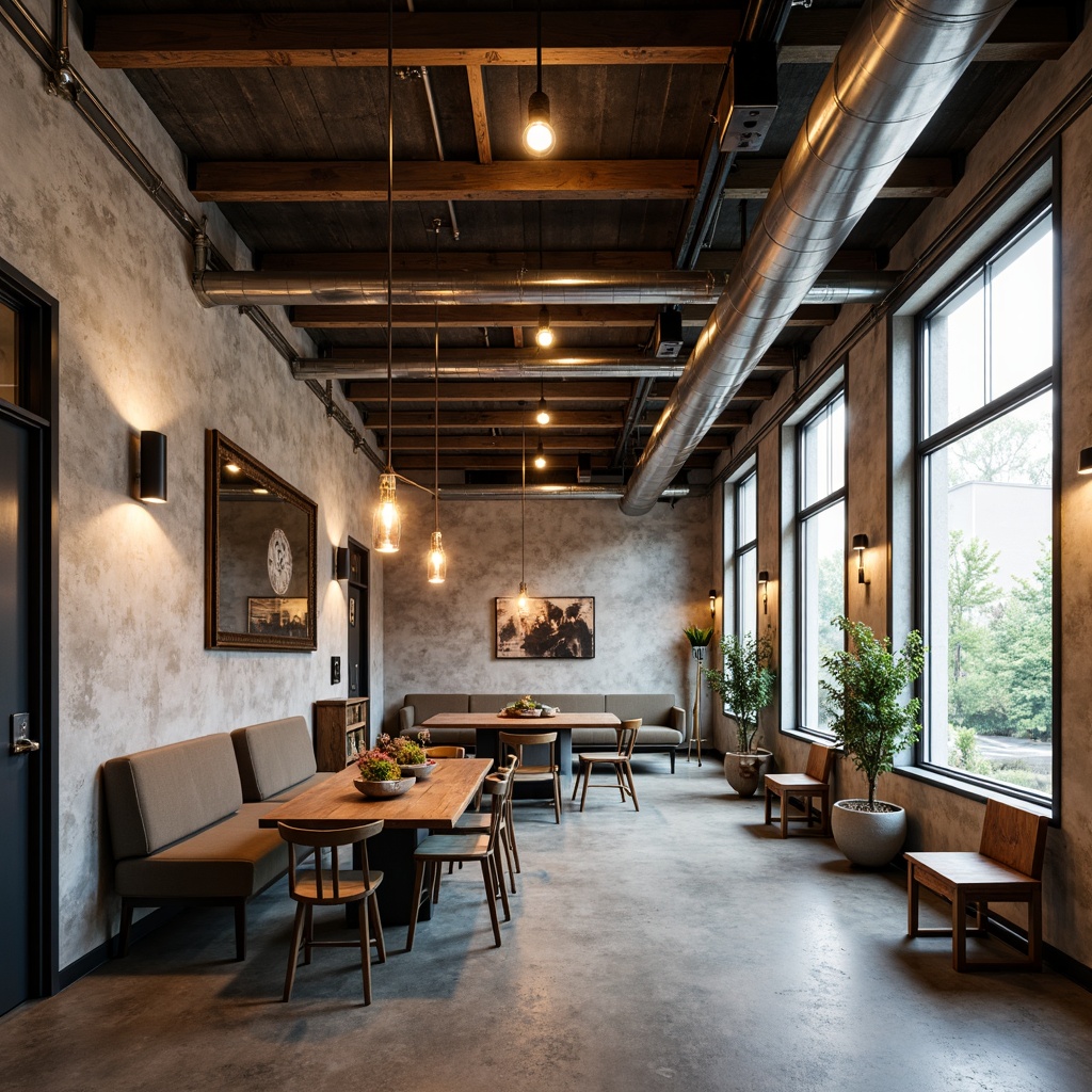 Prompt: Exposed ductwork, metal beams, reclaimed wood accents, industrial chic decor, modern minimalist furniture, Edison bulb pendant lights, metal shade fixtures, distressed concrete walls, urban loft ambiance, high ceilings, natural light pouring in, warm ambient glow, softbox lighting, 3/4 composition, realistic textures, ambient occlusion.