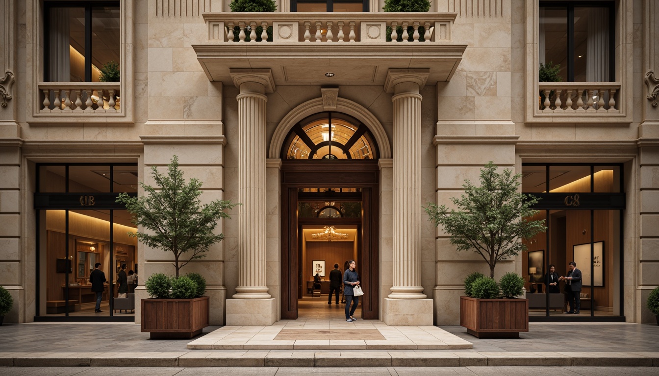 Prompt: Elegant bank building, transitional style architecture, grand entrance, ornate facades, symmetrical composition, rectangular windows, arched doorways, rusticated stonework, classic columns, intricate moldings, bronze door handles, luxurious interior design, high ceilings, marble floors, rich wood paneling, subtle lighting, warm neutral tones, shallow depth of field, 1/1 composition, realistic textures, ambient occlusion.